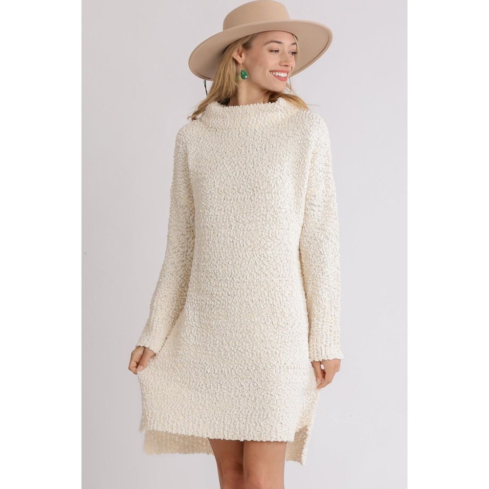 Umgee Full Size High Low Long Sleeve Boucle Sweater Dress - Small